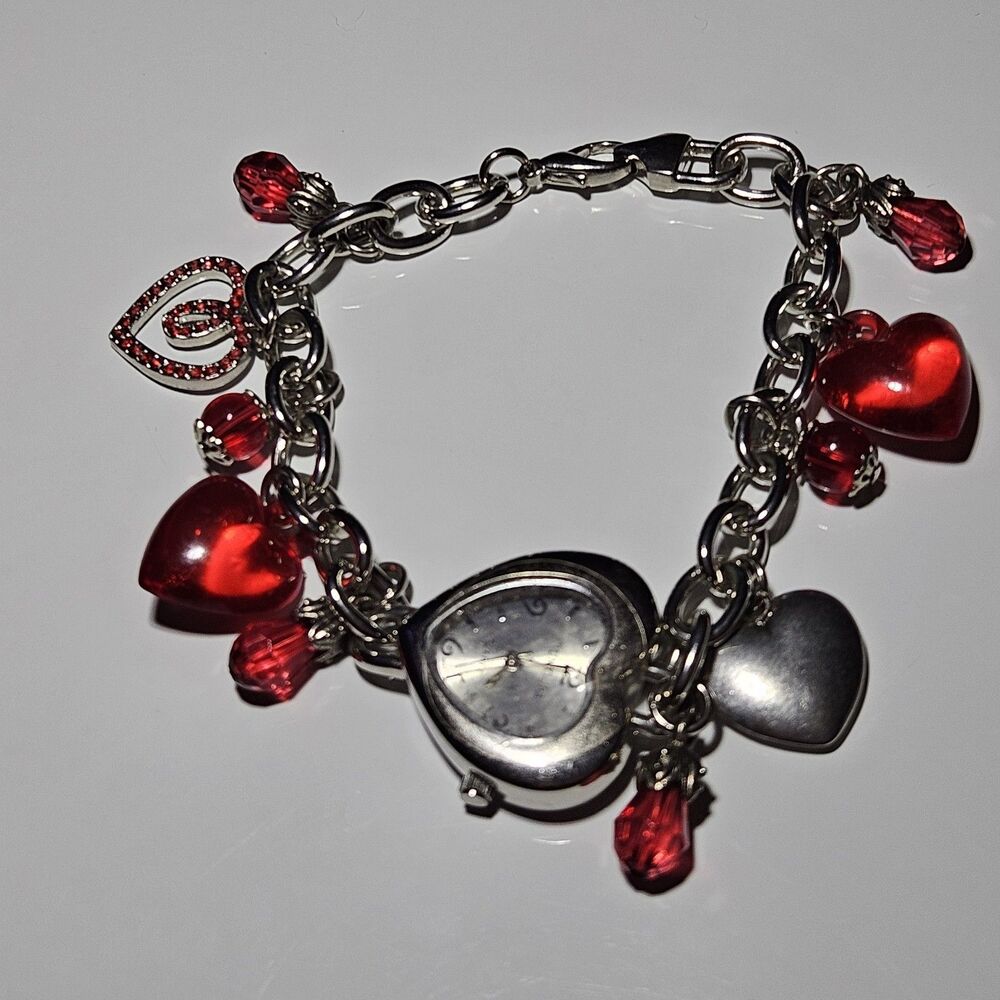 *Sale* Heart Watch Women Silver Tone Red Beaded Charm Bracelet Needs New Battery